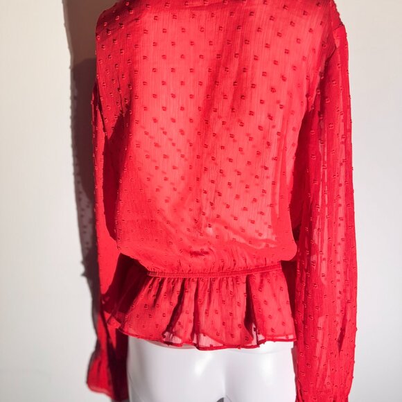 This LUSH red long sleeve blouse features a romantic Swiss dot texture and light - Picture 9 of 11